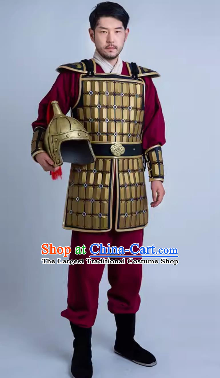 Traditional Stage Performance Warrior Costume China Qin Dynasty Hero Golden Armor and Helmet Ancient Chinese Clothing
