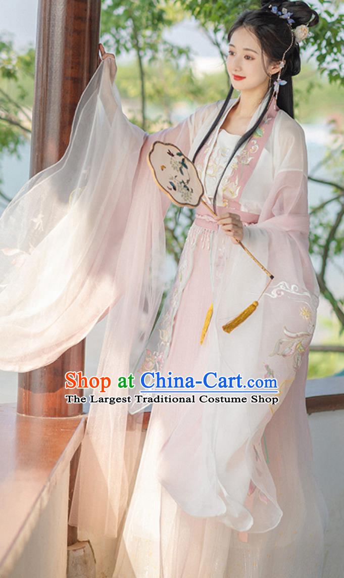 China Traditional Hanfu Embroidered Pink Dress Ancient Chinese Clothing Southern and Northern Dynasties Young Woman Costume