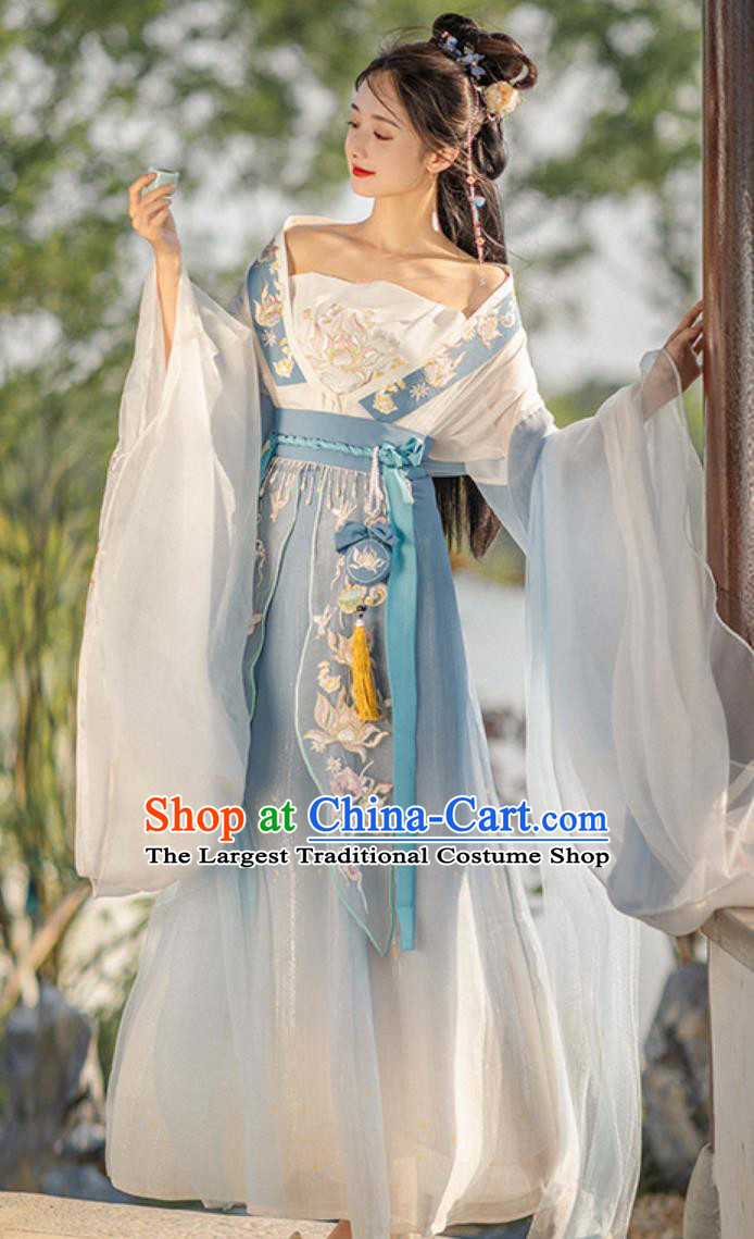 China Southern and Northern Dynasties Palace Princess Clothing Ancient Woman Costume Traditional Hanfu Blue Dress