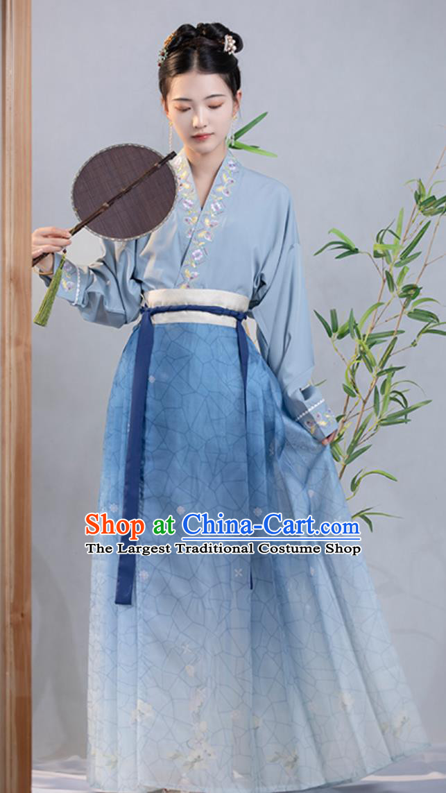 Traditional Hanfu Blue Outfit China Song Dynasty Young Lady Clothing Ancient Woman Costume