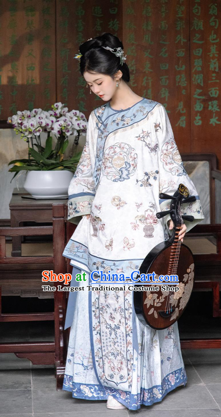 Ancient Chinese Clothing China Qing Dynasty Young Woman Costume Embroidered Blouse and Mamian Skirt Complete Set
