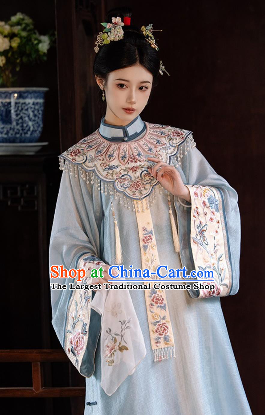 China Qing Dynasty Court Woman Costume Ancient Chinese Clothing Embroidered Yunjian Long Gown and Mamian Skirt Complete Set