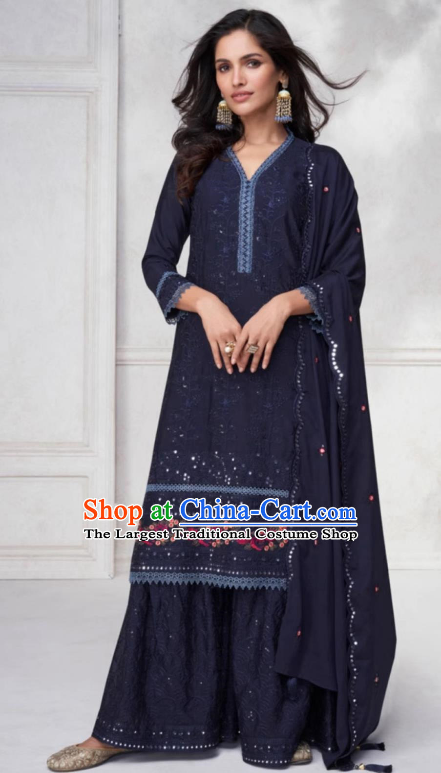 Indian National Clothing Navy Blue Punjabi Outfit Traditional India Woman Costume