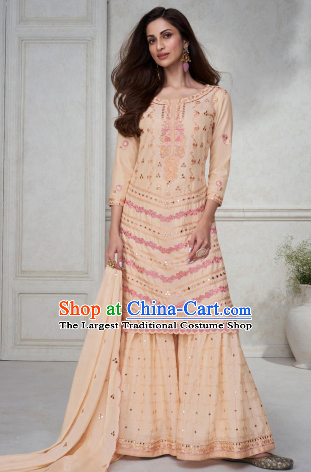 Peach Pink Punjabi Outfit Traditional India Woman Costume Indian National Clothing