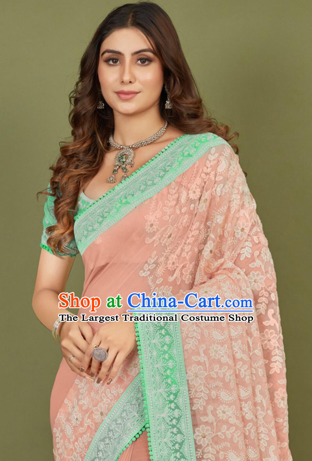 Traditional Festival Peach Pink Embroidered Sari Dress India Woman Summer Costume Indian National Clothing