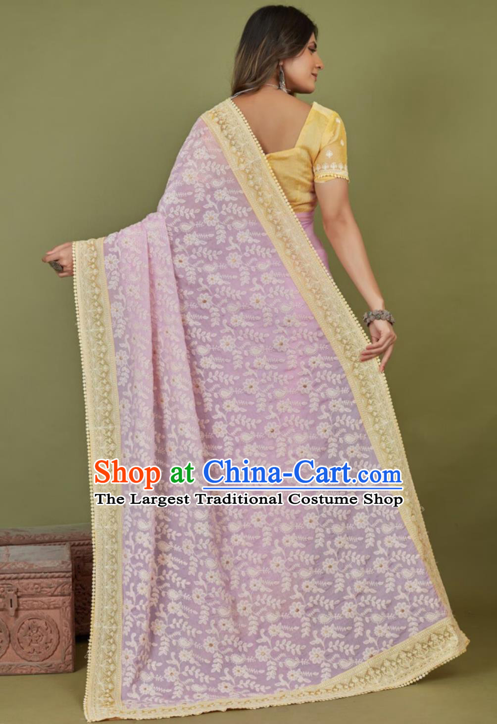 Indian National Clothing Traditional Festival Lilac Embroidered Sari Dress India Woman Summer Costume