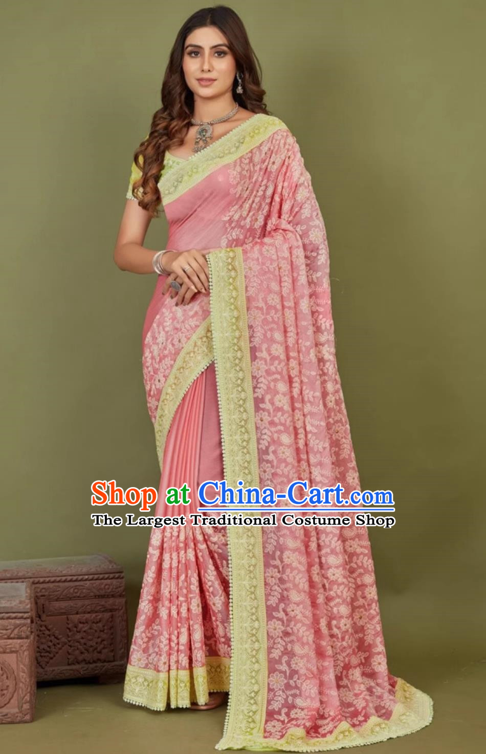 India Woman Summer Costume Indian National Clothing Traditional Festival Pink Embroidered Sari Dress