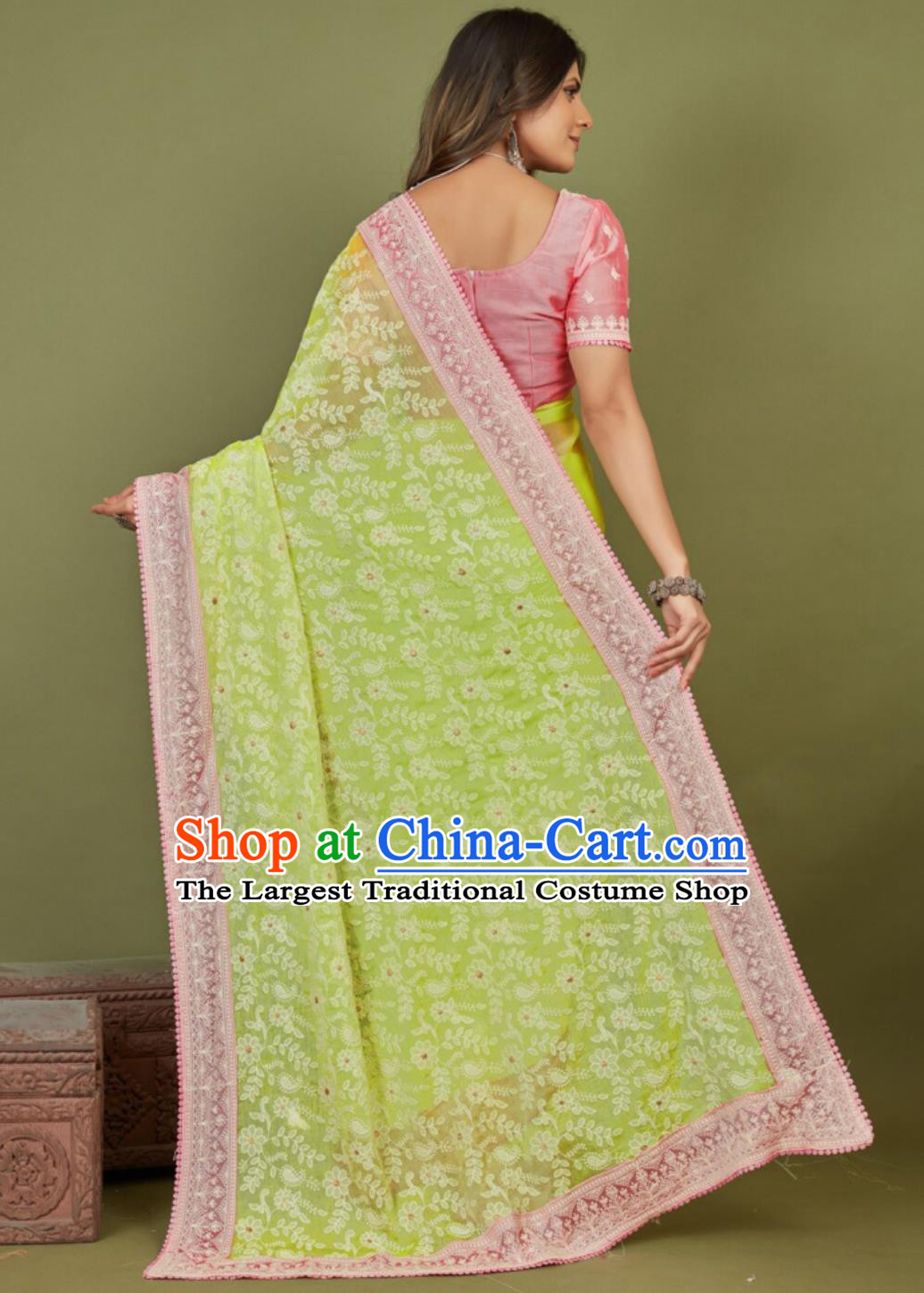 India Traditional Festival Green Embroidered Sari Dress Woman Summer Costume Indian National Clothing