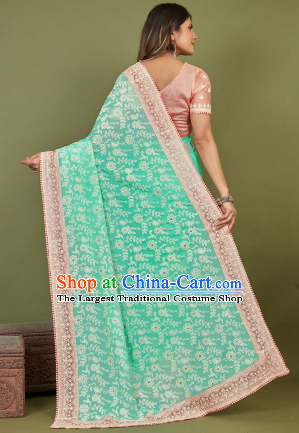 Indian National Clothing India Traditional Festival Lake Green Embroidered Sari Dress Woman Summer Costume