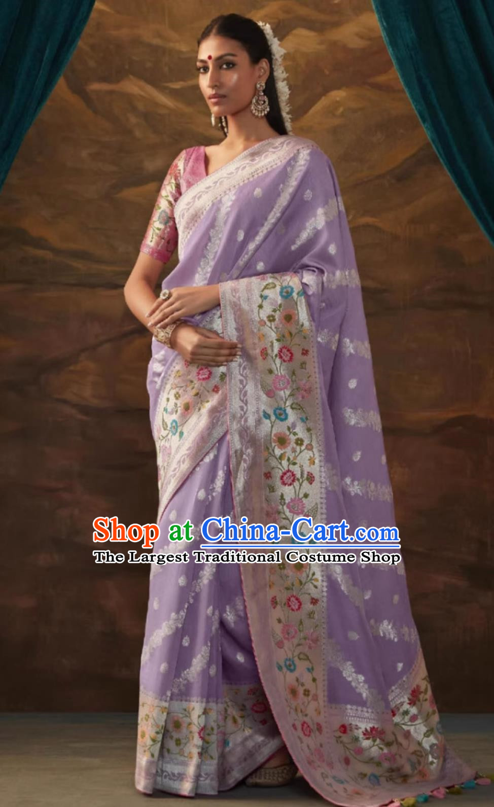 Indian Brahmans Woman Costume India National Clothing Traditional Festival Noble Purple Sari Dress