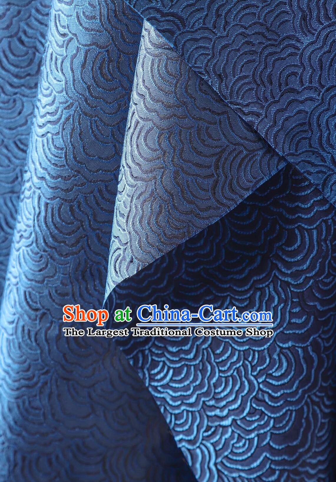 Top Brocade Jacquard Fabric Chinese Tang Suit Material Traditional Wave Pattern Design Navy Blue Cloth