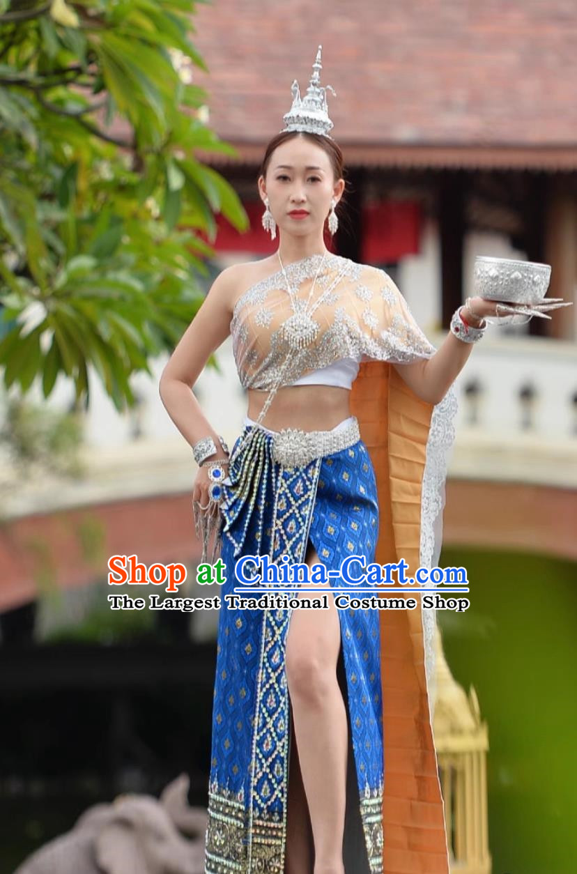 Chinese Dai Princess Clothing Thailand Costume Women Handmade Beaded Bra Skirt with Split Shots Complete Set
