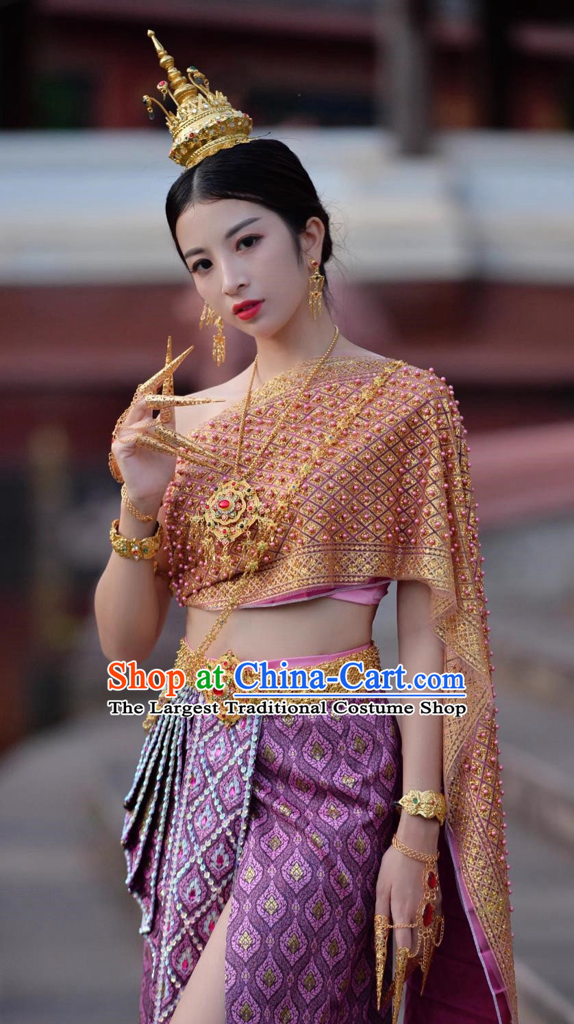 Purple Thailand Costume Chinese Dai Princess Clothing Women Handmade Beaded Bra Skirt with Split Complete Set