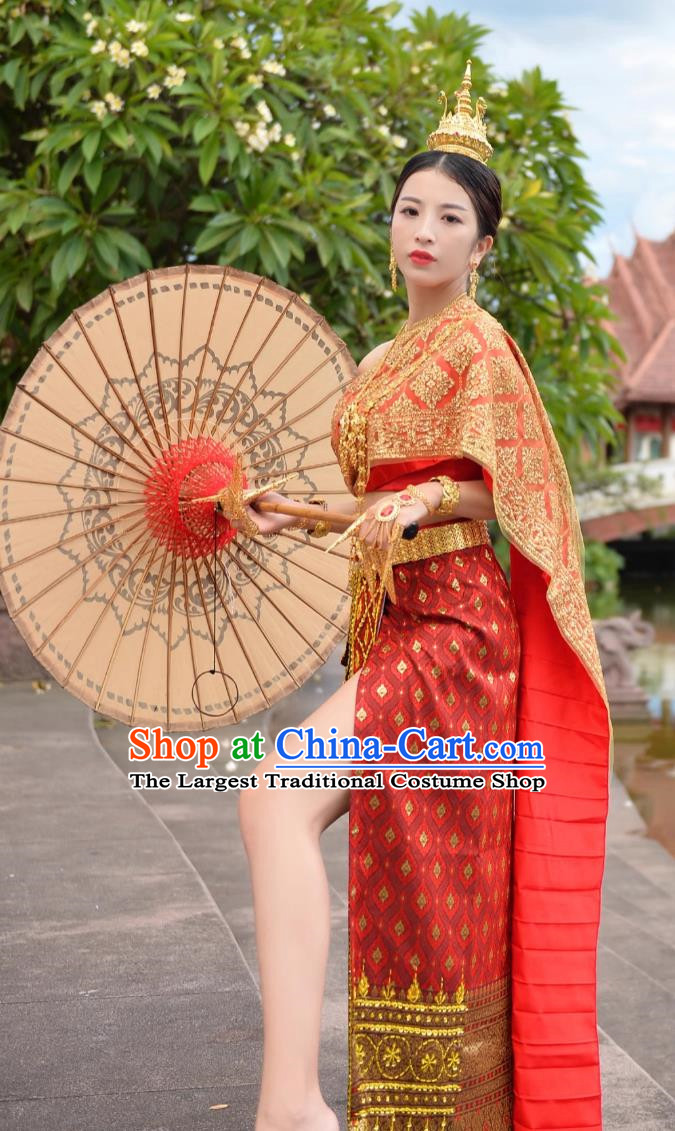 Thai Handmade Beaded Bra Skirt with Split Red Thailand Women Costume Chinese Dai Princess Clothing