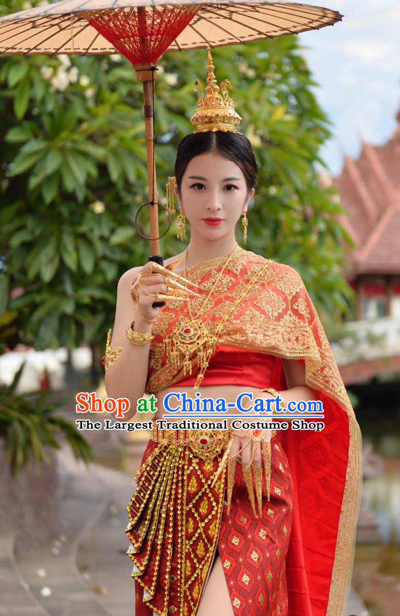 Thai Handmade Beaded Bra Skirt with Split Red Thailand Women Costume Chinese Dai Princess Clothing