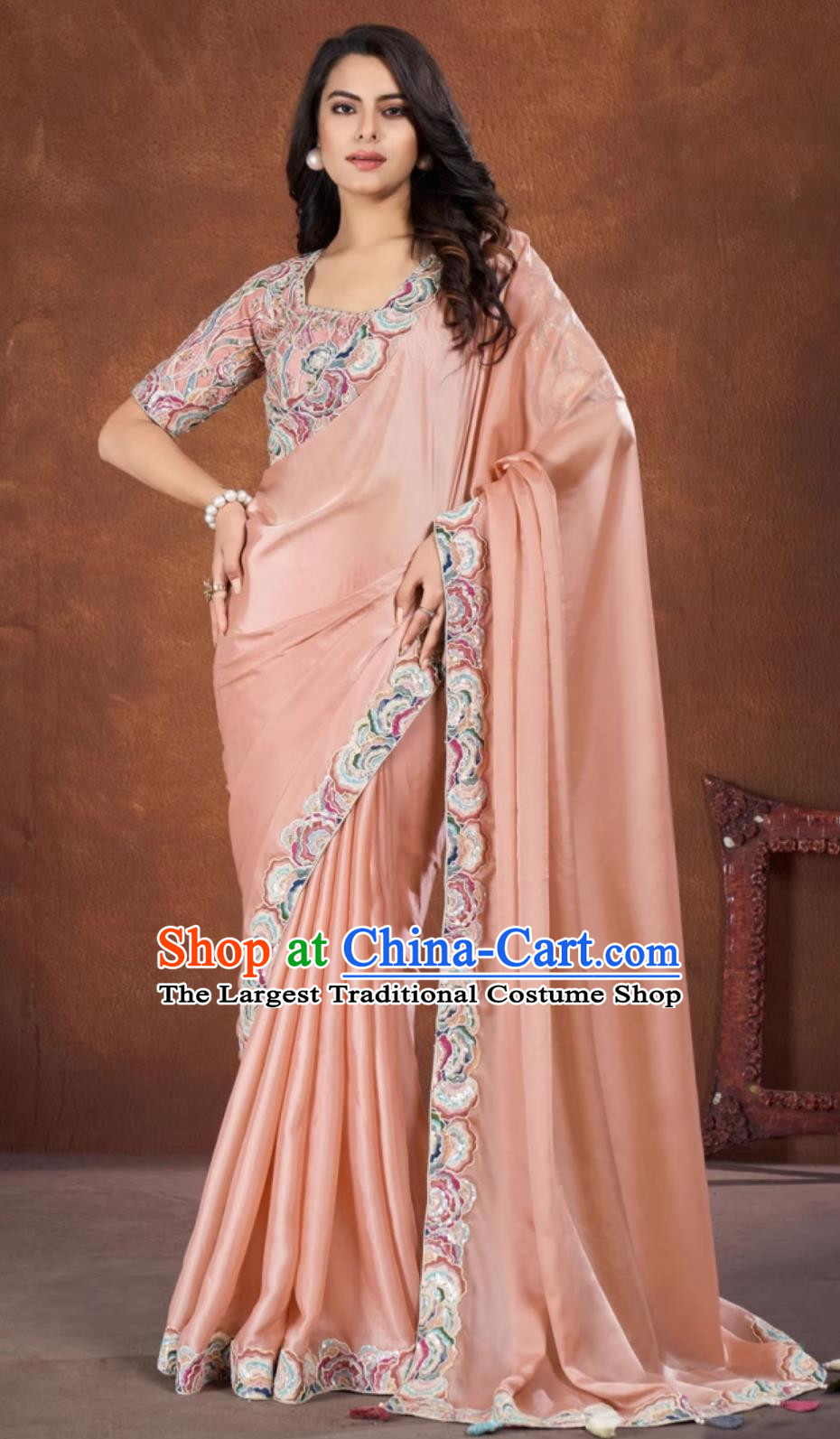 Indian National Costume Traditional Women Clothing Embroidery Peach Pink Dress Festival Sari