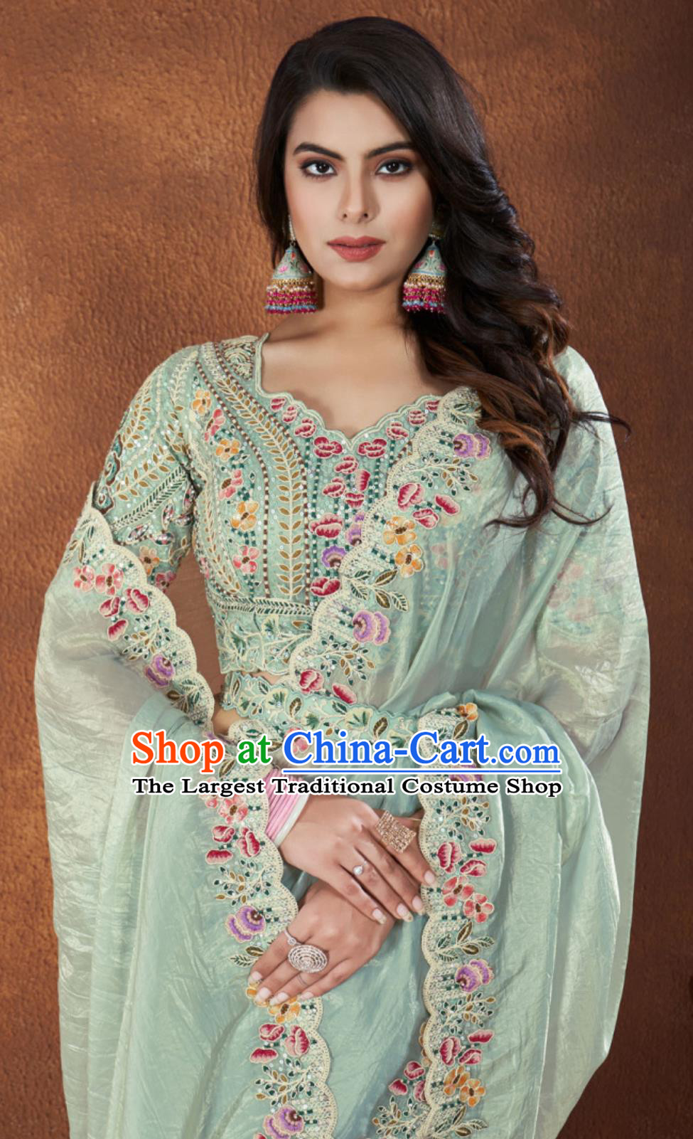 Indian Festival Sari National Costume Traditional Women Clothing Embroidery Light Green Dress
