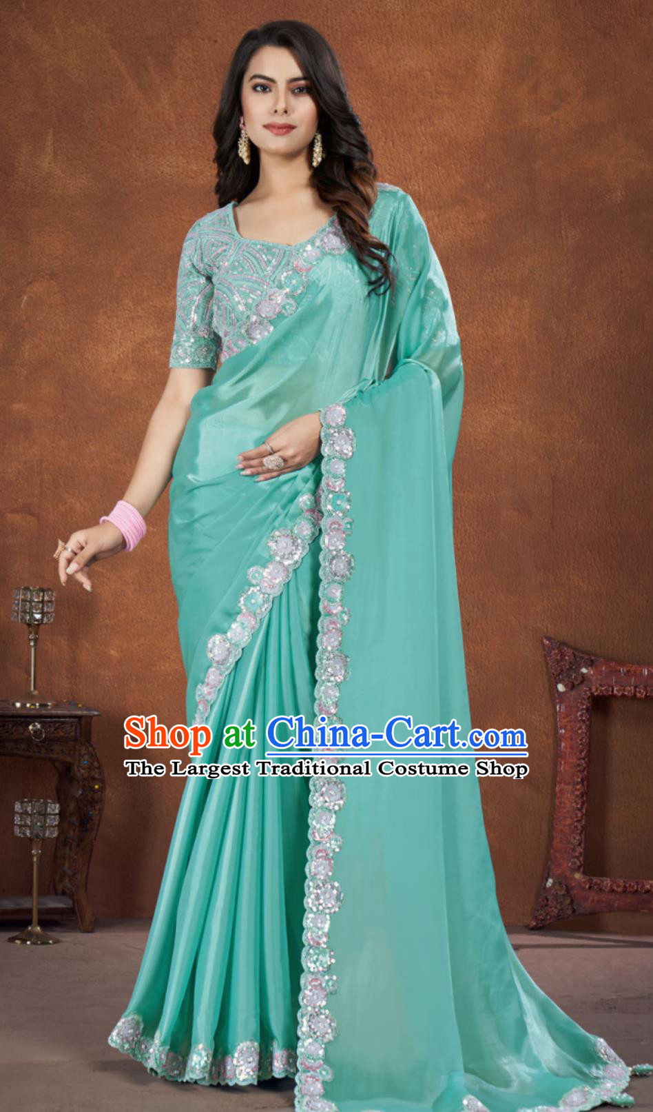 Indian Traditional Women Clothing Embroidery Lake Blue Dress Festival Sari National Costume