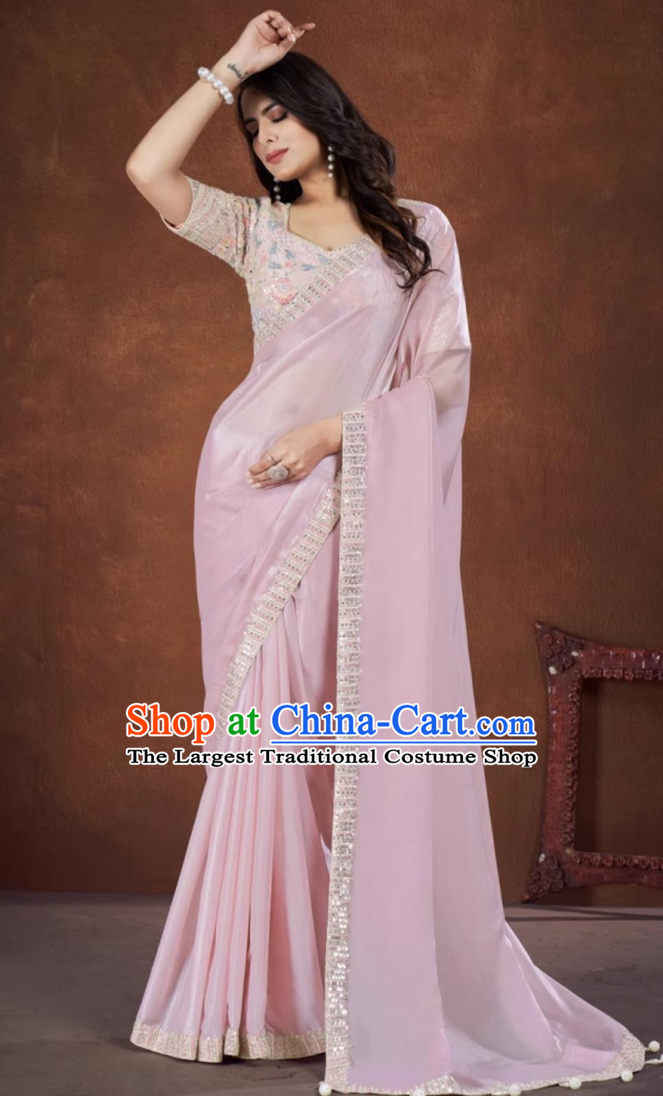 India National Costume Indian Traditional Women Clothing Embroidery Light Pink Dress Festival Sari