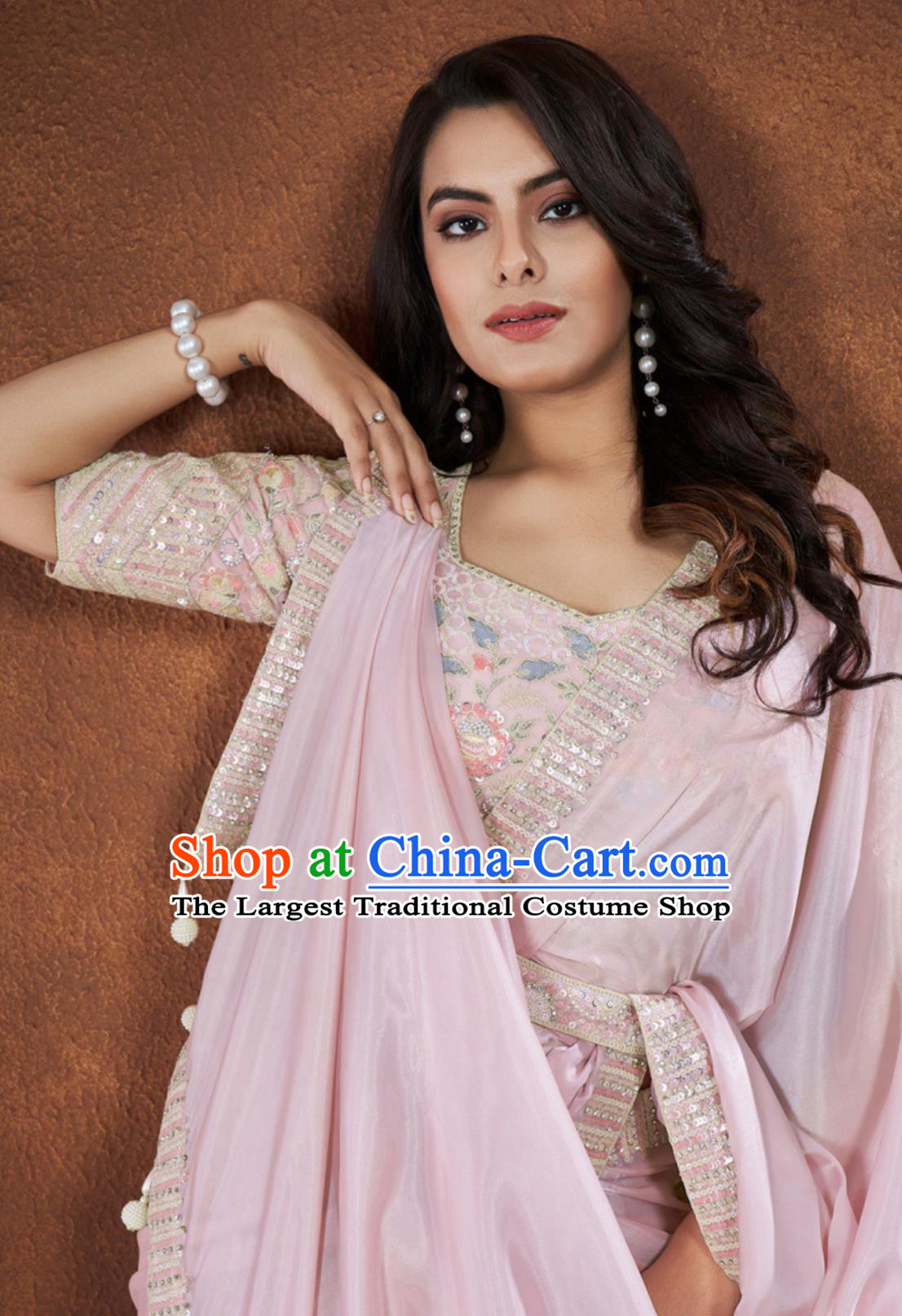 India National Costume Indian Traditional Women Clothing Embroidery Light Pink Dress Festival Sari