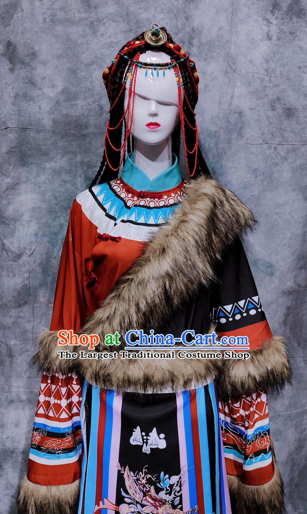 China Zang National Minority Woman Clothing Traditional Tibetan Ethnic Dance Dress Chinese Xizang Minorities Costume
