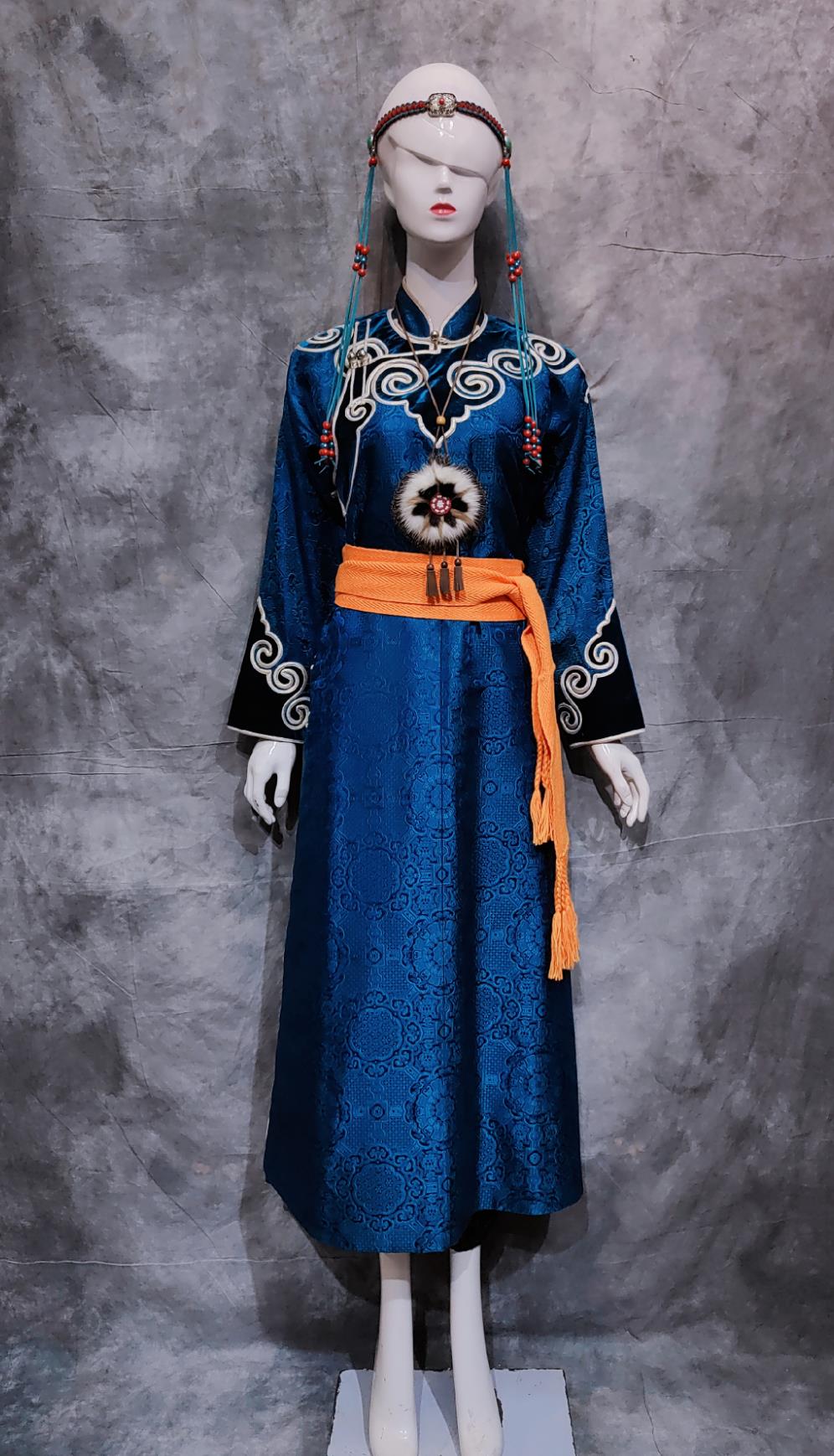 China Ewenki National Minority Woman Clothing Traditional Dance Blue Dress Chinese Evenki Ethnic Show Costume