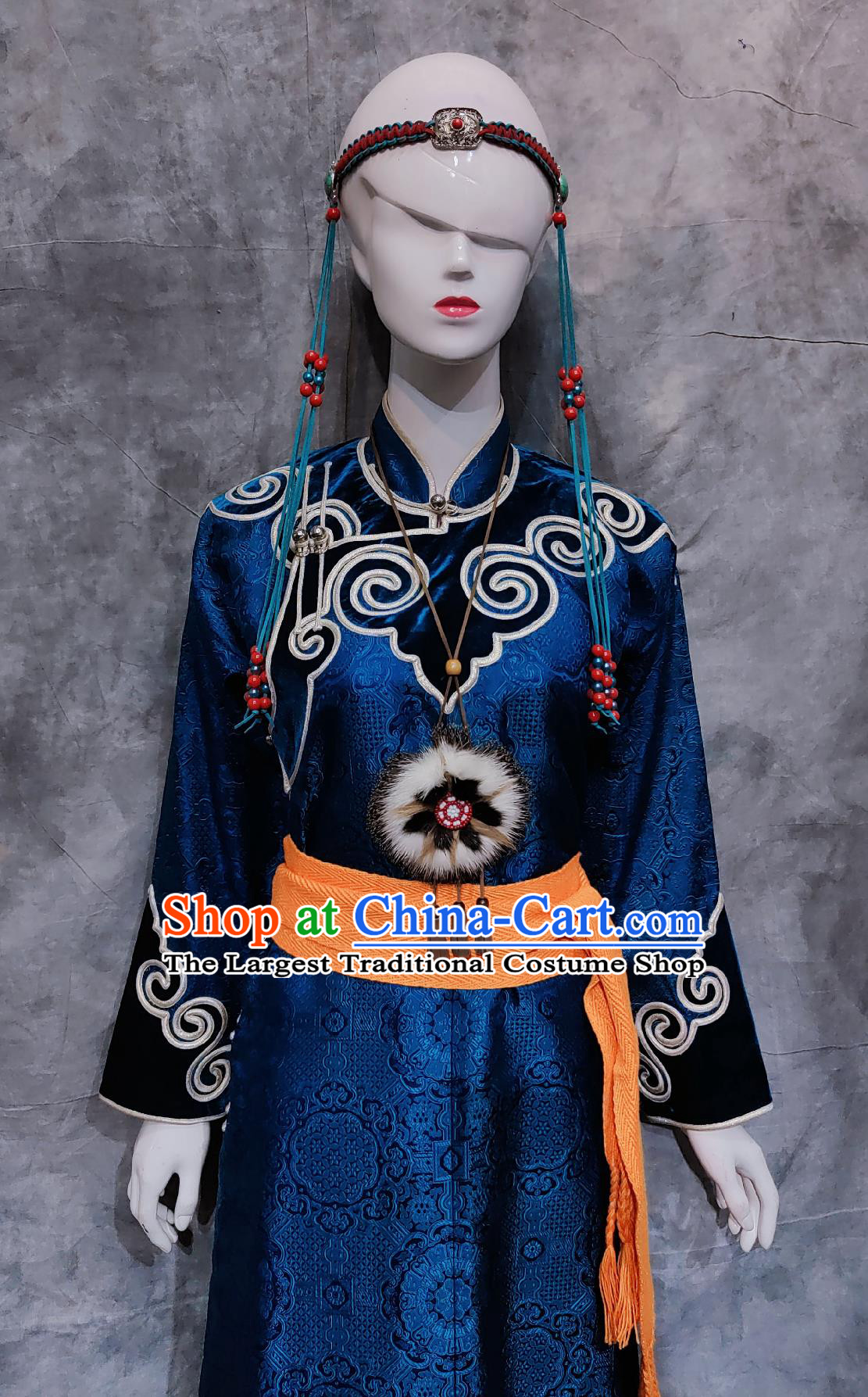 China Ewenki National Minority Woman Clothing Traditional Dance Blue Dress Chinese Evenki Ethnic Costume