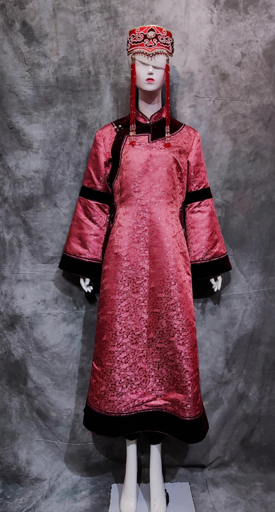 Chinese Daghur Ethnic Festival Costume China Daur National Minority Woman Clothing Traditional Dance Deep Pink Dress