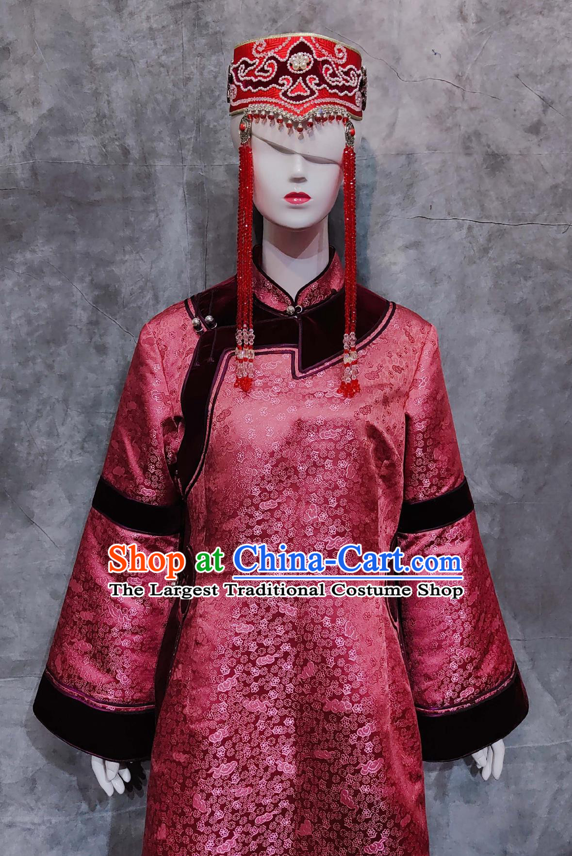 Chinese Daghur Ethnic Festival Costume China Daur National Minority Woman Clothing Traditional Dance Deep Pink Dress