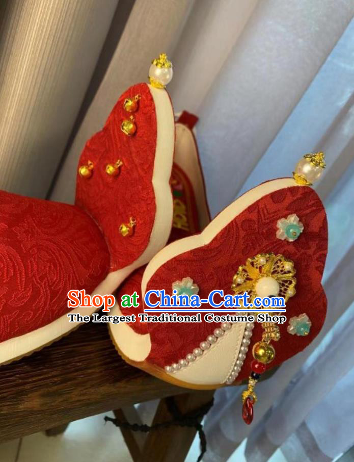 Ancient Chinese Wedding Bride Red Shoes Handmade China Tang Dynasty Empress Curved Toe Shoes Traditional Hanfu Stage Show Shoes