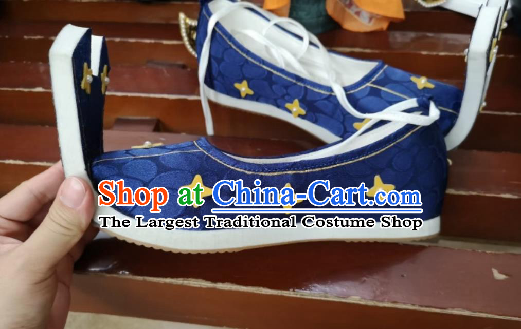Handmade China Tang Dynasty Curved Toe Shoes Traditional Hanfu Show Shoes Ancient Chinese Princess Blue Shoes