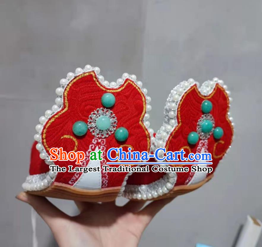 Traditional Yongle Palace Mural Hanfu Show Shoes Ancient Chinese Princess Red Shoes Handmade China Tang Dynasty Wedding Shoes