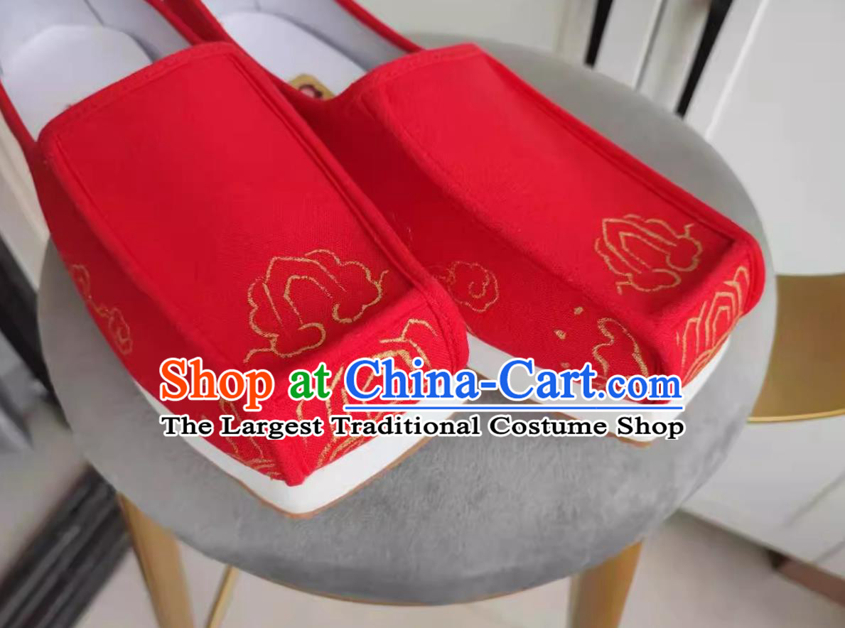 Traditional Hanfu Red Linen Shoes Ancient Chinese Scholar Shoes China Ming Dynasty Male Square Toe Shoes