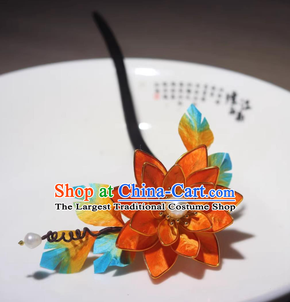 Ancient Chinese Princess Ebony Hairpin Handmade China Ming Dynasty Silk Lotus Hair Clip Traditional Hanfu Hair Jewelry