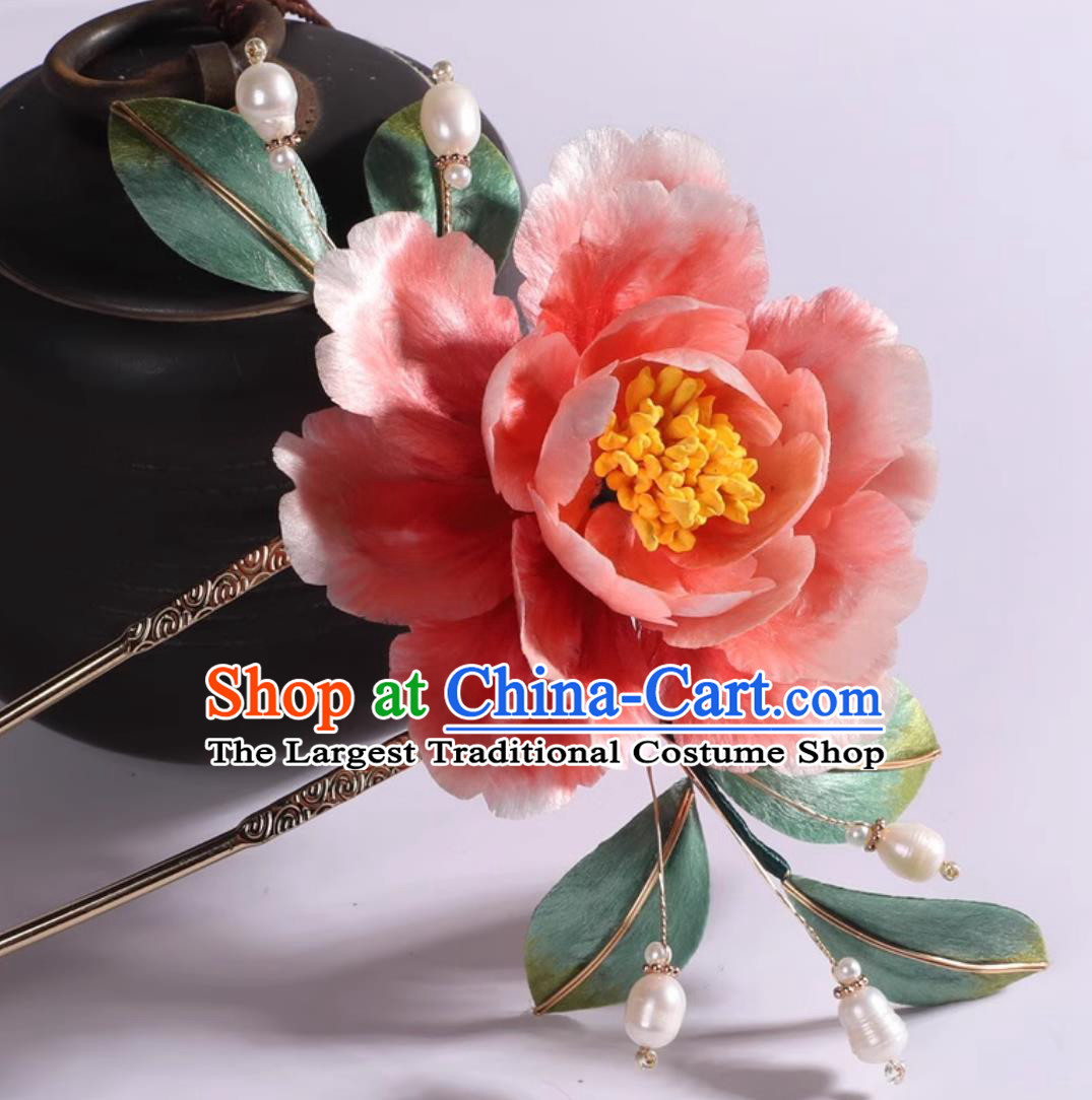Traditional Hanfu Hair Jewelry Handmade Chinese Silk Peony Hairpin China Qing Dynasty Palace Lady Hair Clip