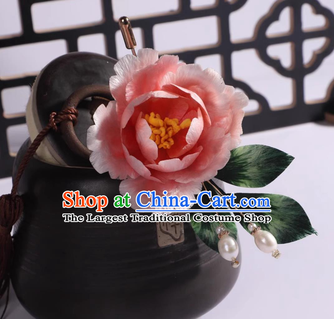 China Cheongsam Brooch Traditional Hanfu Jewelry Handmade Chinese Pink Silk Peony Corsage