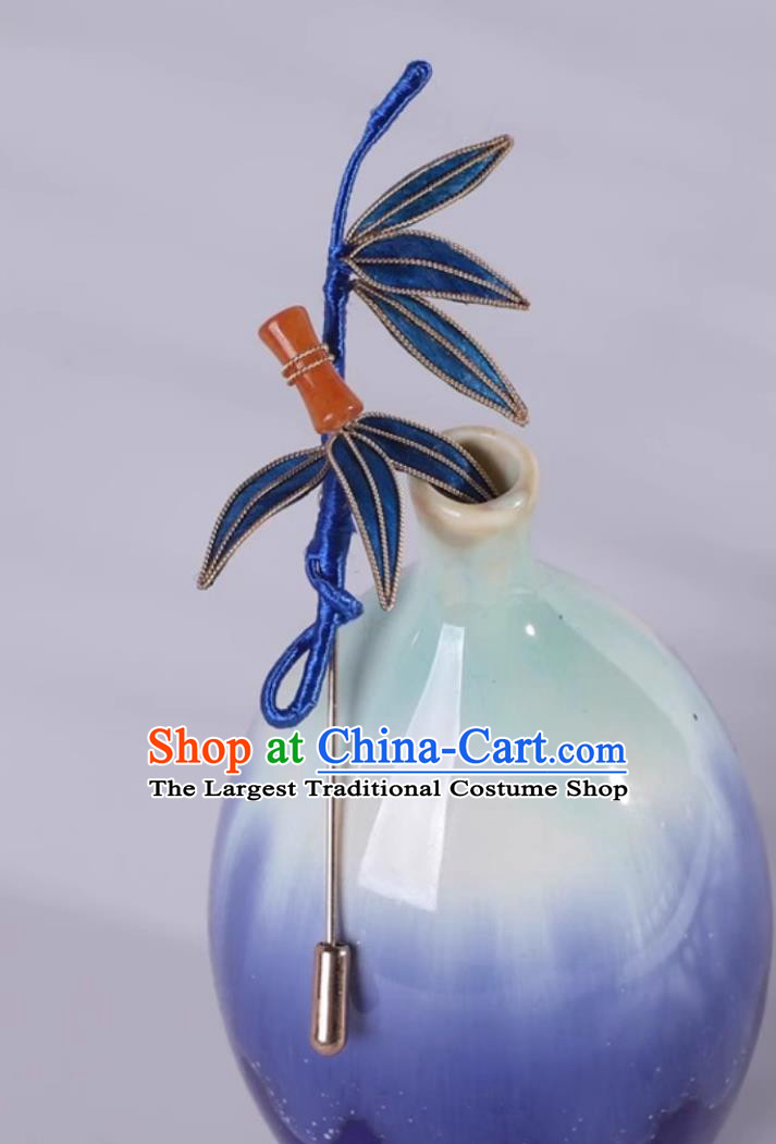 Traditional Intangible Heritage Artwork Handmade Hanfu Jewelry Chinese Cheongsam Brooch China Classical Blue Silk Bamboo Leaf Corsage