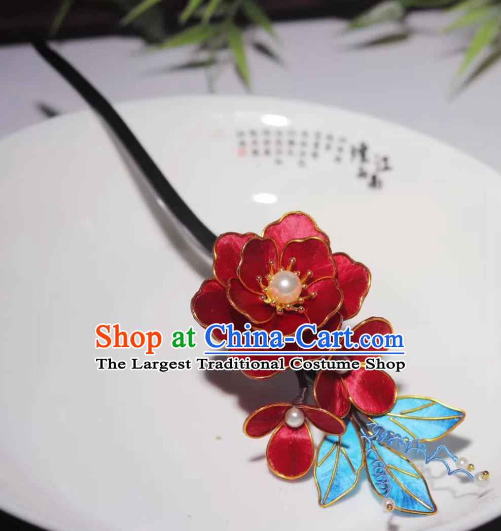 Traditional Intangible Heritage Artwork Handmade Hanfu Hair Jewelry Chinese Cheongsam Red Silk Flower Hair Clip China Ebony Hairpin