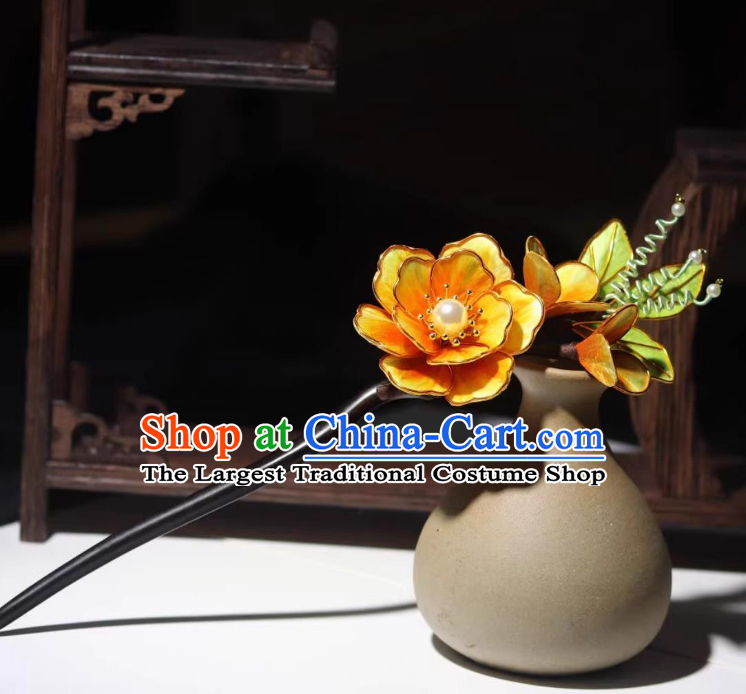 China Ebony Hairpin Traditional Intangible Heritage Artwork Handmade Hanfu Hair Jewelry Chinese Cheongsam Orange Silk Flower Hair Clip