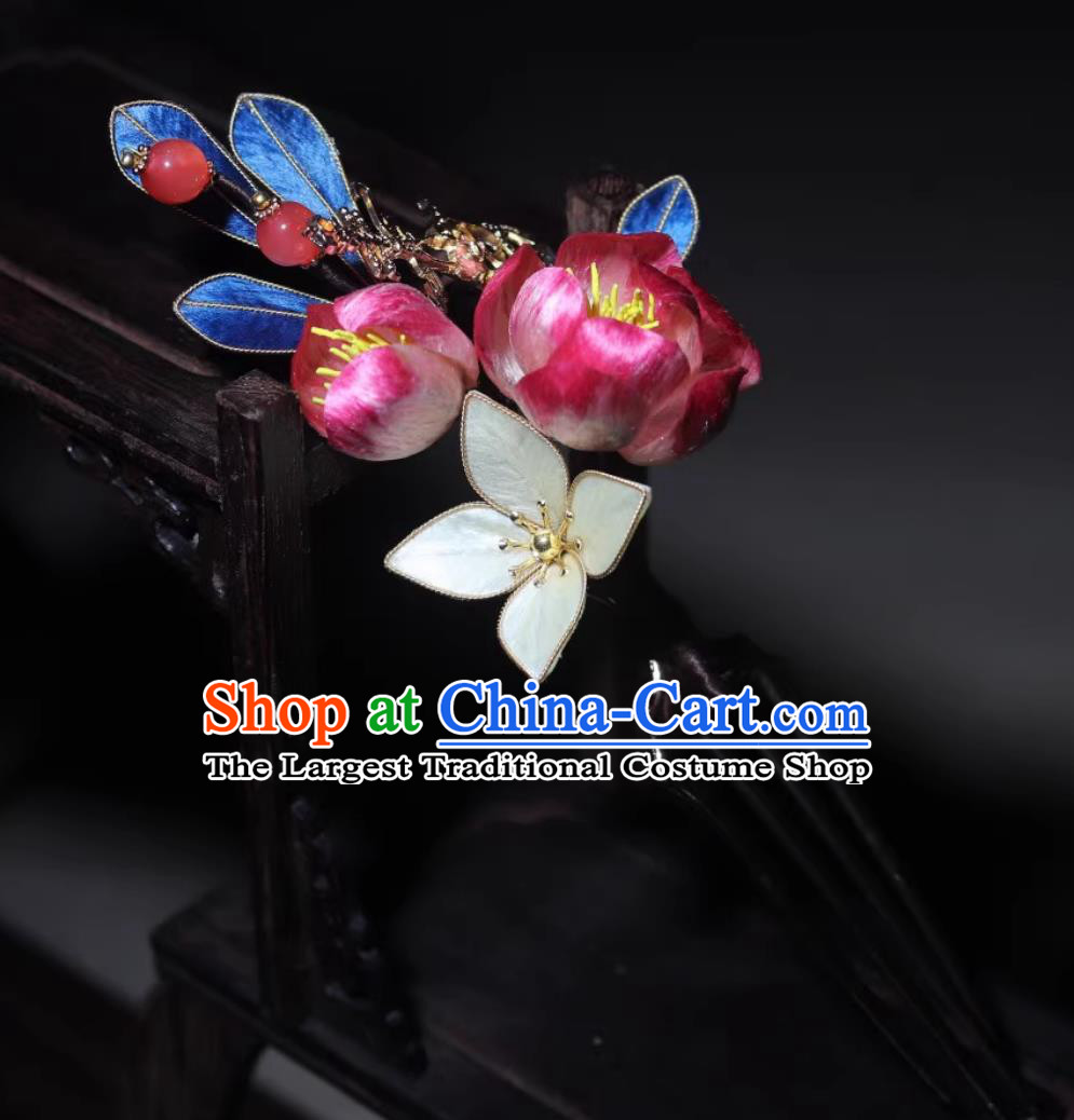 China Hanfu Hairpin Traditional Intangible Heritage Artwork Handmade Headpiece Chinese Cheongsam Silk Camellia Hair Comb