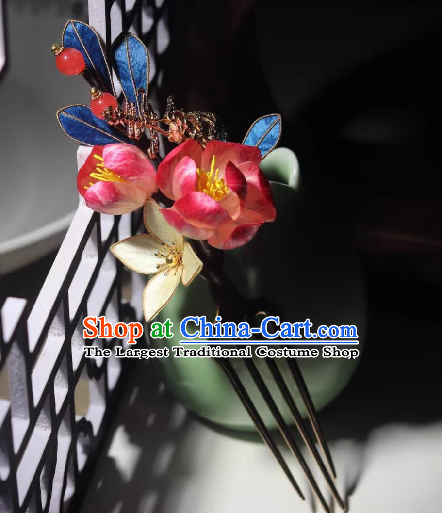 China Hanfu Hairpin Traditional Intangible Heritage Artwork Handmade Headpiece Chinese Cheongsam Silk Camellia Hair Comb