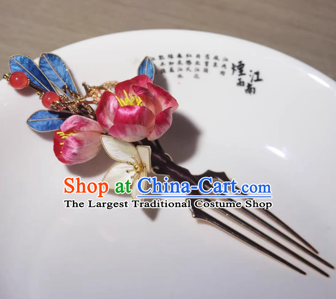 China Hanfu Hairpin Traditional Intangible Heritage Artwork Handmade Headpiece Chinese Cheongsam Silk Camellia Hair Comb