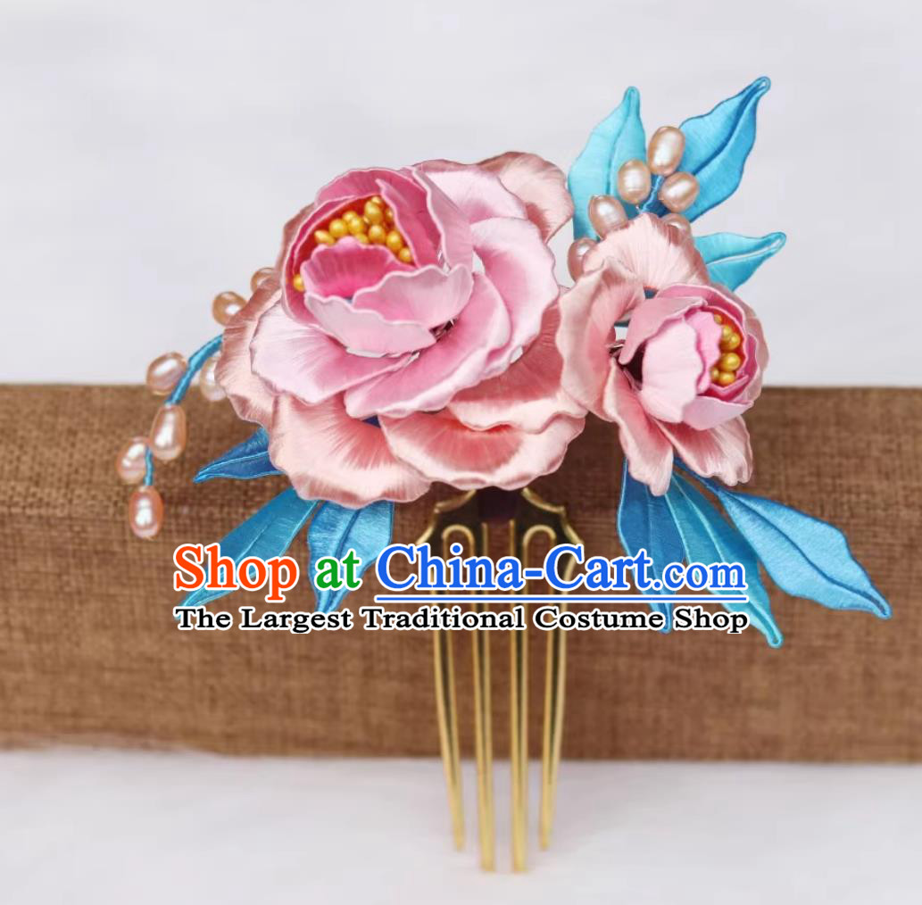 Chinese Tang Dynasty Empress Silk Peony Hair Comb Ancient China Hanfu Hairpin Traditional Intangible Heritage Artwork Handmade Headpiece