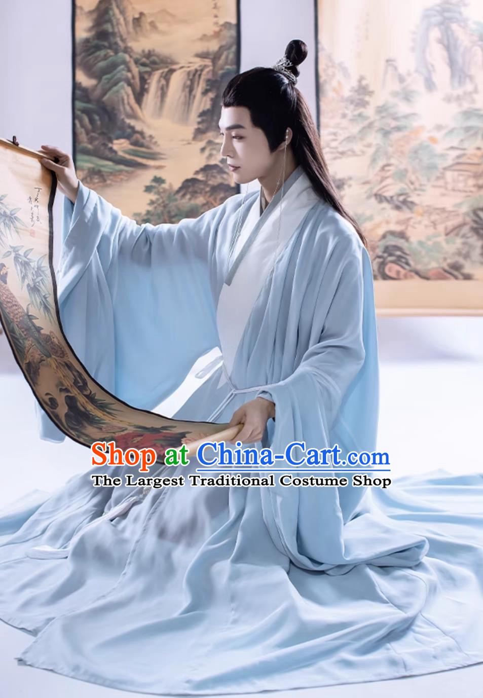 Chinese Ming Dynasty Scholar Costume Ancient China Young Childe Clothing Traditional Male Hanfu Blue Robe