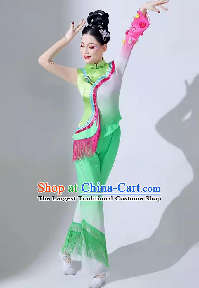 Women Group Yangko Performance Clothing Chinese Folk Dance Costume Fan Dance Jasmine Green Outfit