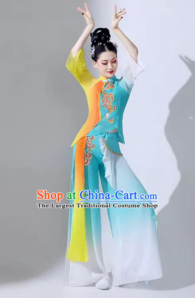 Women Group Performance Clothing Chinese Classical Dance Costume Umbrella Dance Blue Outfit