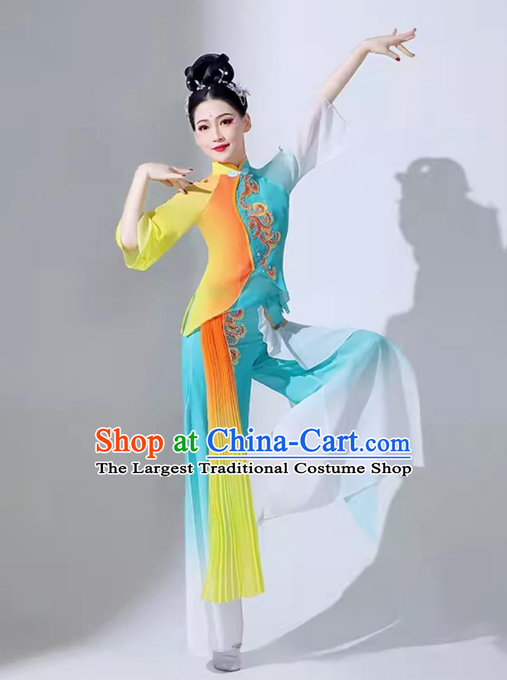 Women Group Performance Clothing Chinese Classical Dance Costume Umbrella Dance Blue Outfit