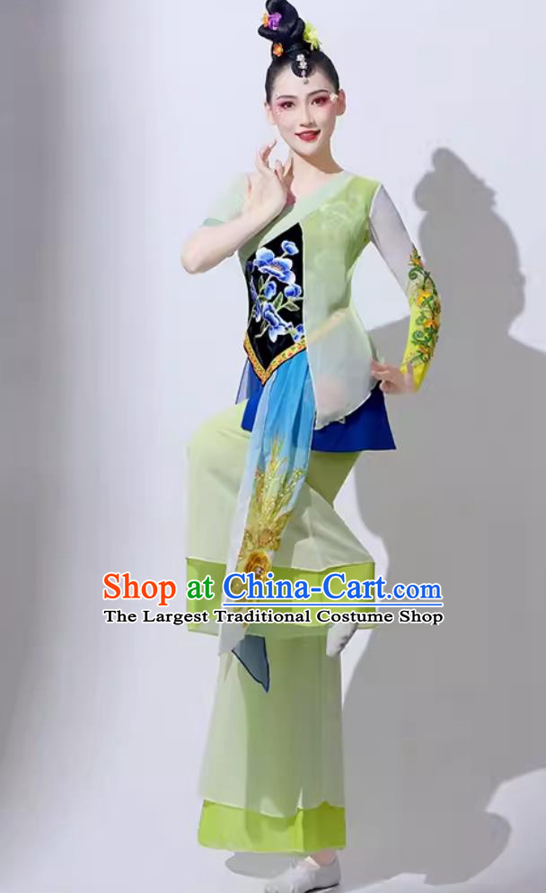 Women Group Performance Clothing Chinese Folk Dance Costume Traditional Yangko Dance Fan Dance Green Outfit