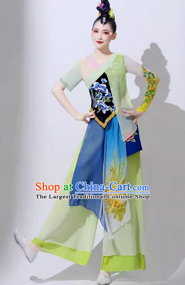 Women Group Performance Clothing Chinese Folk Dance Costume Traditional Yangko Dance Fan Dance Green Outfit