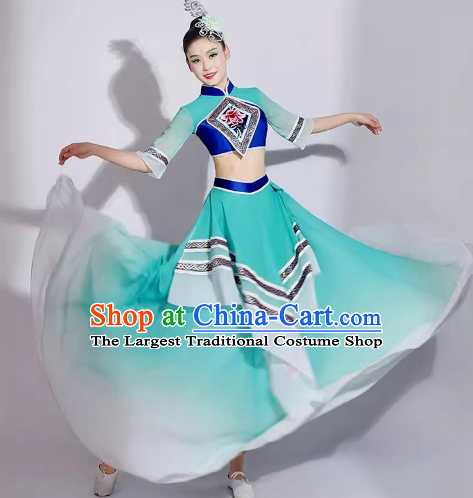 Women Group Performance Clothing Chinese Folk Dance Costume Traditional Jiaozhou Yangko Dance Green Dress